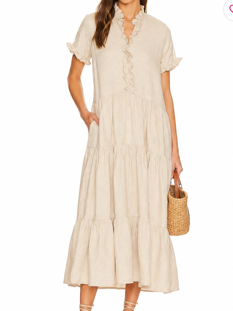 Marielle Almelo Linen Blend Tiered Midi Dress Cream Ruffle Neck Cottagecore Boho